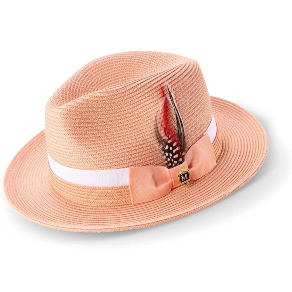 PEACH Fedora with 2 1/2 INCH  BRIM 2- Tone Grosgrain Ribbon Band and Feather H91